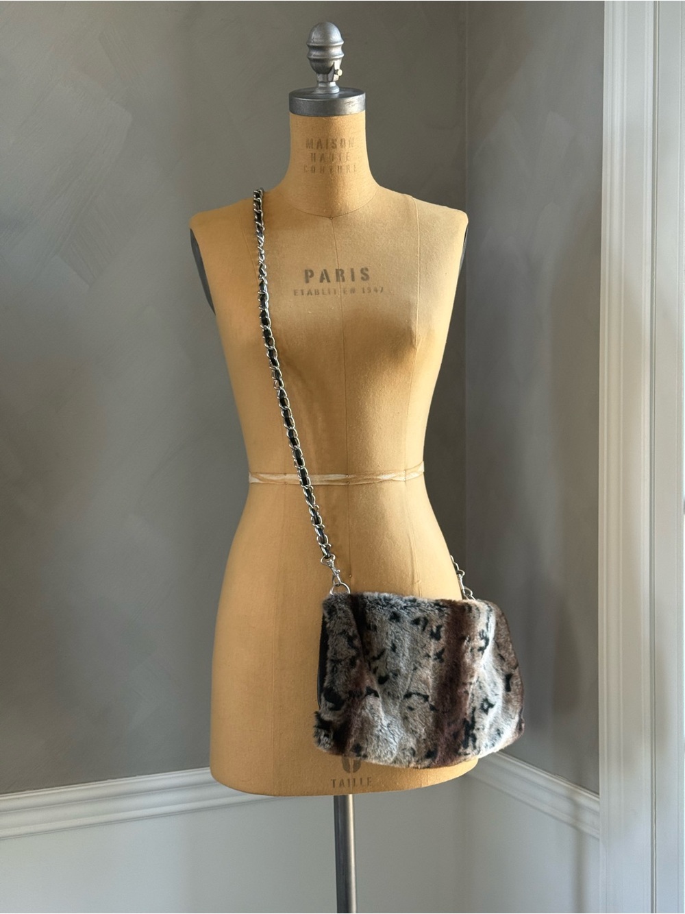 Faux Fur Crossbody Bag with Chain Strap in Brown and Gray